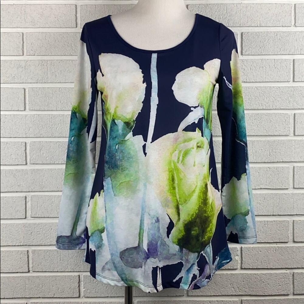 Soft Surroundings Women's Long Sleeve Navy & Green Floral  Long Sleeve Top XS